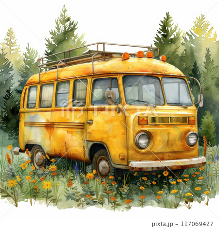Watercolor for vintage yellow school bus illustration. Back to school concept 117069427