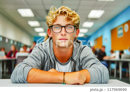 Confident young adult businessman wearing glasses looking at camera in offic 117069690