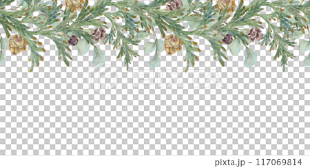 Juniper thuja evergreen conifer branches with cones. Watercolor hand drawn illustration, seamless banner isolated on white. Xmas, happy new year festive, noel navidad holiday. Cards, gifts, wedding. 117069814