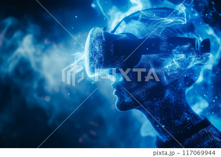 Young beautiful woman wearing a VR headset and experiencing a virtual reality simulation Young beautiful woman wearing a VR headset and experiencing a virtual reality simulation 117069944