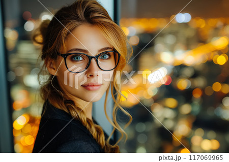 Young Businesswoman Standing Near Window in a Company Office in the Evening. 117069965