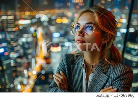 Young Businesswoman Standing Near Window in a Company Office in the Evening. 117069966