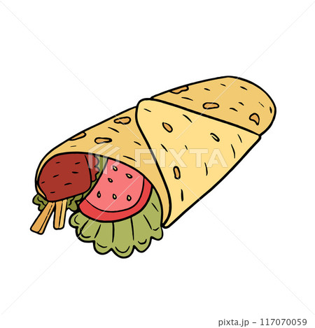A colorful vector illustration of a delicious shawarma wrap with fresh ingredients including meat, tomato, lettuce, and crispy vegetables, all wrapped in a soft tortilla. Turkish durum A colorful vector illustration of a delicious shawarma wrap with fresh ingredients including meat, tomato, lettuce, and crispy vegetables, all wrapped in a soft tortilla. Turkish durum 117070059