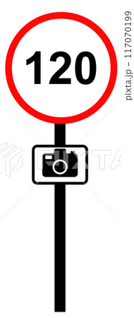 Road sign with restriction of speed 120 icon. Speed-limit cameras sign. Limit speed sign for car. Computer mouse cursor symbol. Regulatory logo. flat style. Road sign with restriction of speed 120 icon. Speed-limit cameras sign. Limit speed sign for car. Computer mouse cursor symbol. Regulatory logo. flat style. 117070199