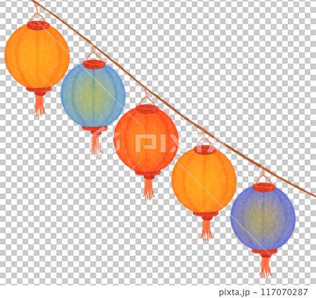 Red and orange round paper lanterns facing left 117070287