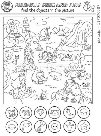 Mermaid vector black and white searching game with sea lagoon landscape. Spot hidden objects coloring page. Ocean kingdom seek and find printable activity for kids with waterfall, dolphin Mermaid vector black and white searching game with sea lagoon landscape. Spot hidden objects coloring page. Ocean kingdom seek and find printable activity for kids with waterfall, dolphin 117070387