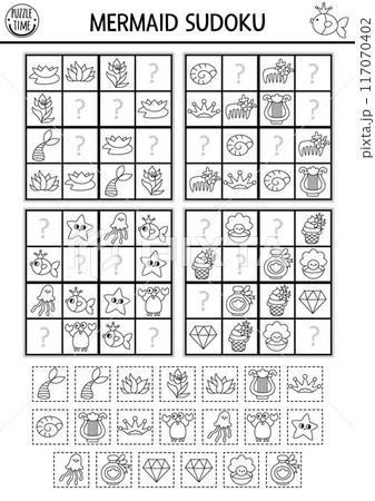 Vector mermaid black and white sudoku puzzle for kids with pictures. Marine line quiz with cut and glue elements. Education activity or coloring page with fish, tail, crab, harp. Draw missing objects 117070402