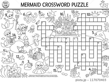 Vector mermaid black and white crossword puzzle for kids. Marine line quiz with underwater landscape. Ocean kingdom educational activity, coloring page with merman, fish, palace. Cute cross word 117070403