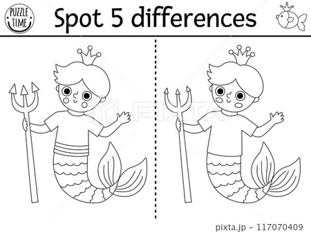 Find differences game for children with merman, trident, crown. Mermaid black and white activity with sea prince, boy, tail. Puzzle for kids. Printable line worksheet or coloring page for attention Find differences game for children with merman, trident, crown. Mermaid black and white activity with sea prince, boy, tail. Puzzle for kids. Printable line worksheet or coloring page for attention 117070409