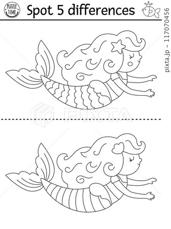 Find differences game for children. Mermaid black and white activity with swimming sea princess. Cute puzzle for kids with girl with tail. Printable line worksheet or coloring page for attention Find differences game for children. Mermaid black and white activity with swimming sea princess. Cute puzzle for kids with girl with tail. Printable line worksheet or coloring page for attention 117070456