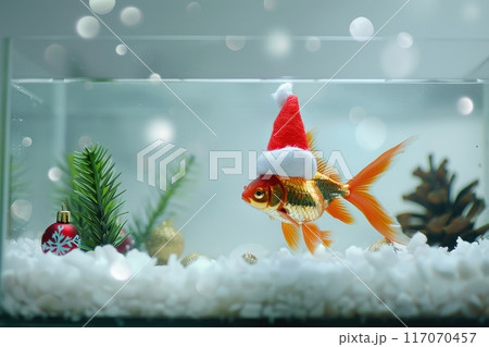 A goldfish is swimming in a fish tank with a Santa hat on top of it with Generative AI A goldfish is swimming in a fish tank with a Santa hat on top of it with Generative AI 117070457