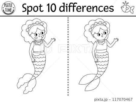 Find differences game for children. Mermaid black and white educational activity with sea princess. Puzzle for kids with girl with tail. Printable line worksheet or coloring page for attention skills Find differences game for children. Mermaid black and white educational activity with sea princess. Puzzle for kids with girl with tail. Printable line worksheet or coloring page for attention skills 117070467