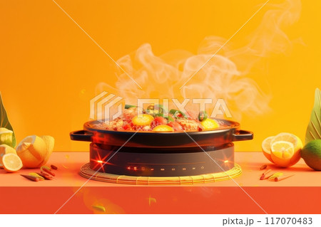 A pot of food is cooking on a table with a variety of vegetables and fruits with Generative AI 117070483