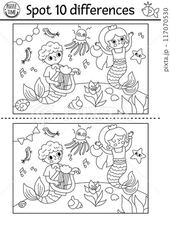 Find differences game for children. Mermaid black and white activity with dancing sea princess, merman, harp. Puzzle for kids. Printable line worksheet or coloring page for attention skills Find differences game for children. Mermaid black and white activity with dancing sea princess, merman, harp. Puzzle for kids. Printable line worksheet or coloring page for attention skills 117070530