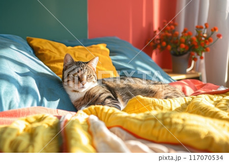 A cat is laying on a bed with a yellow blanket with Generative AI 117070534