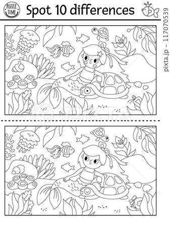 Find differences game. Mermaid black and white educational activity with sea princess with tortoise, underwater scene. Puzzle for kids. Printable line worksheet or coloring page for attention skills 117070539