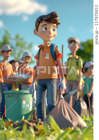 Volunteers in 3D cartoon animation organizing a clean-up day, collaborative and productive community effort 117070811