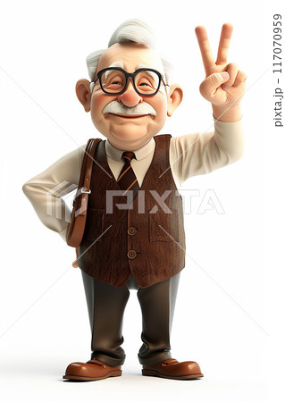 3D animated elderly man making a peace sign, cheerful and positive, white background 3D animated elderly man making a peace sign, cheerful and positive, white background 117070959