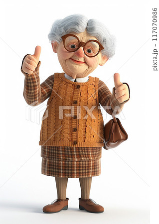 3D animated elderly woman giving a thumbs-up, happy and positive, white background 117070986