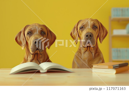 A dog is sitting on a table with an open book with Generative AI A dog is sitting on a table with an open book with Generative AI 117071163
