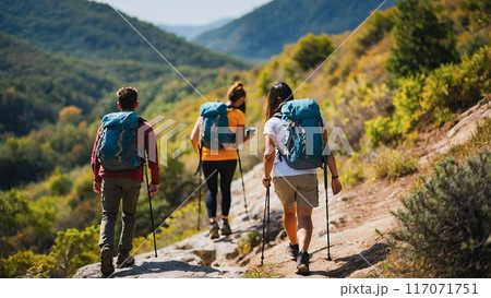 Friends hiking on a scenic mountain trail, taking in the beautiful views and fresh air. 117071751
