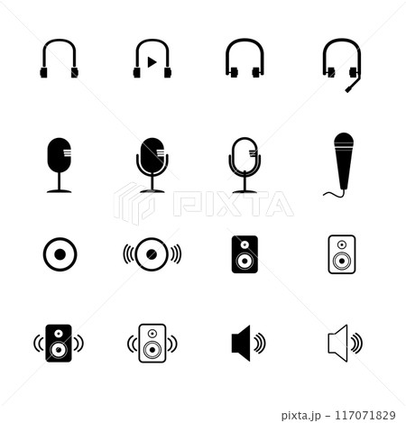 Audio icon set, headphone microphone and speaker, Vector illustration Audio icon set, headphone microphone and speaker, Vector illustration 117071829