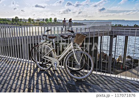 Two vintage bicycles with brown seats and wicker baskets are parked by seaside boardwalk Two vintage bicycles with brown seats and wicker baskets are parked by seaside boardwalk 117071876