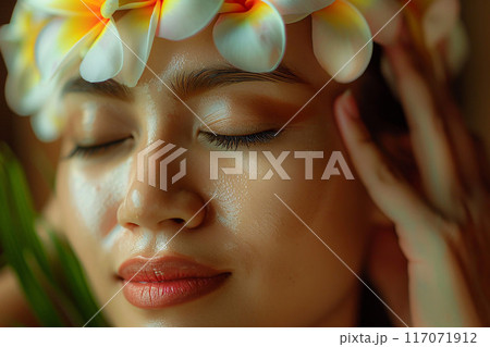 Close-up of woman's serene face during Thai massage elegant spa room magazine style 117071912