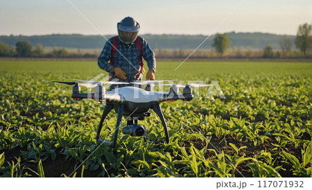 Farmer in a protective suit preparing to launch a drone for crop monitoring in a vast agricultural field. 117071932