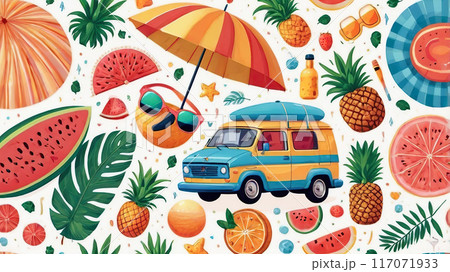 Colorful summer illustration featuring tropical fruits, a beach van, and festive elements, capturing the essence of a joyful vacation. 117071933