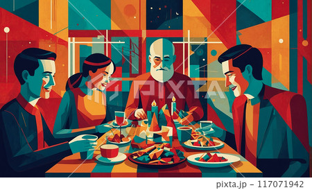 A creative depiction of a family gathered around a dinner table, sharing a festive meal in a geometric, abstract style 117071942