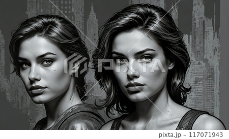Black and white portrait of two women with intense expressions, set against an urban background 117071943