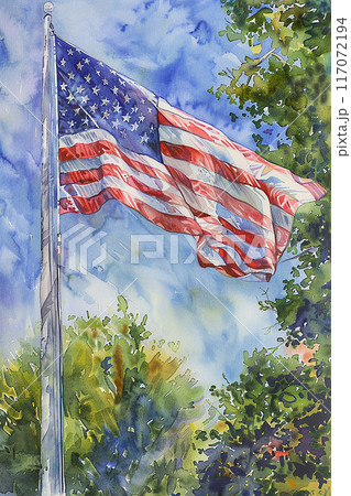 Watercolor depiction of an American flag waving, Independence Day 117072194