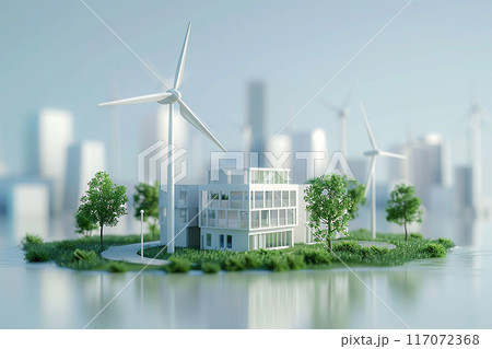 Green business meeting with eco-city and windmill models, 3D Animation render Green business meeting with eco-city and windmill models, 3D Animation render 117072368