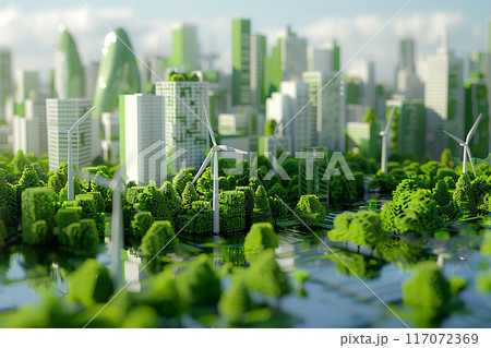 Eco-business concept with green city and windmill blocks, 3D Animation render 117072369