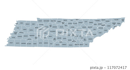 Tennessee, subdivided into 95 counties, gray political map with borders and county names. Landlocked state in the Southeastern region of the United States, nicknamed The Volunteer State. Illustration 117072417