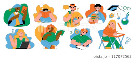 Study icon. Student men and women with book, online education, people in school. Course business, test university, college exam. Web class, outline training, technology. Vector character cartoon set 117072562