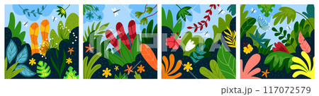 Plant garden background. Greenhouse, houseplant farm flower, agriculture. Nature decorative square cards, green leaves concept, vegetation exotic poster. Vector organic tidy cartoon cute illustration 117072579