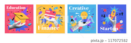 Art contemporary brainstorming. Business abstract design. Education and startup idea. Halftone shapes. Cooperation team. Fashion concept. Creative work. Pay card. Vector collage garish backgrounds set 117072582