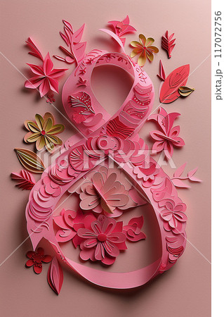 Pink ribbon and paper cut floral design for awareness background, high resolution 117072756