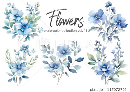Set of blue watercolor floral elements. Hand drawn flowers and leaves isolated on white background. 117072793