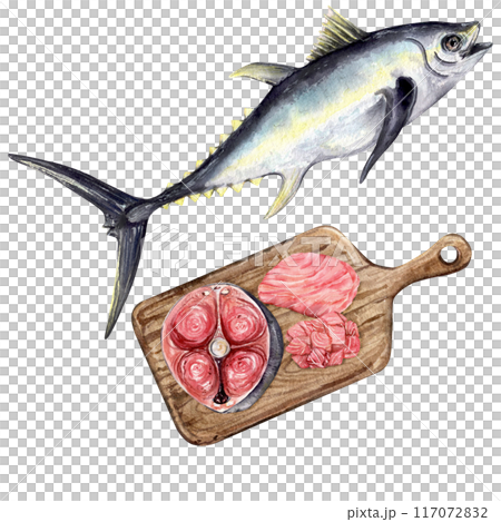 Watercolor set of a whole tuna fish and a wooden cutting board Watercolor set of a whole tuna fish and a wooden cutting board 117072832