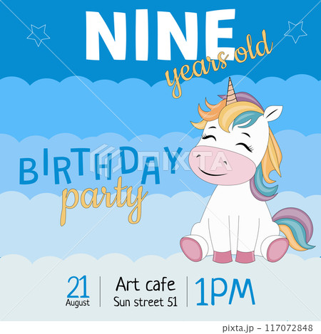 9 years Birthday party invitation with unicorn. 117072848