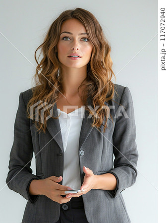 Female manager giving a presentation, isolated on white background, Labor Day, high resolution 117072940