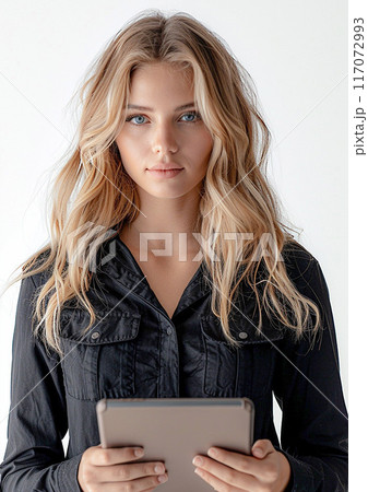 Female company employee using tablet, isolated on white background, Labor Day, high resolution Female company employee using tablet, isolated on white background, Labor Day, high resolution 117072993