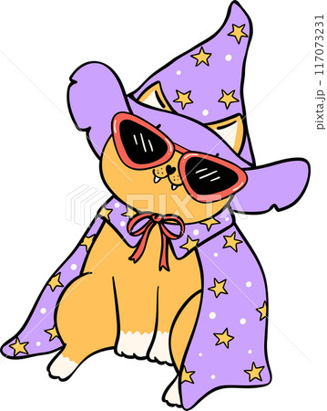 Groovy Retro Halloween cat. Cartoon Character Doodle Hand Drawing Vibrant Bold Funky Art Groovy Retro Halloween cat. Cartoon Character Doodle Hand Drawing Vibrant Bold Funky Art 117073231