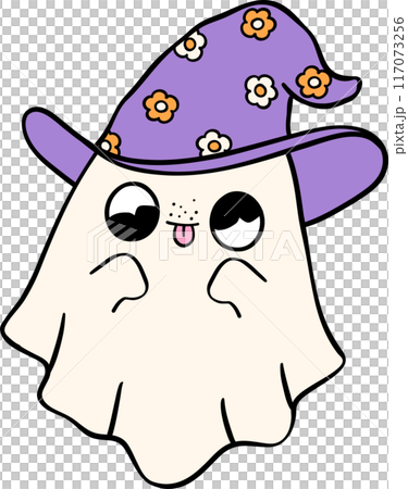 Groovy Retro Halloween Ghost Cartoon Character Doodle Hand Drawing  Vibrant Bold Funky Art 117073256