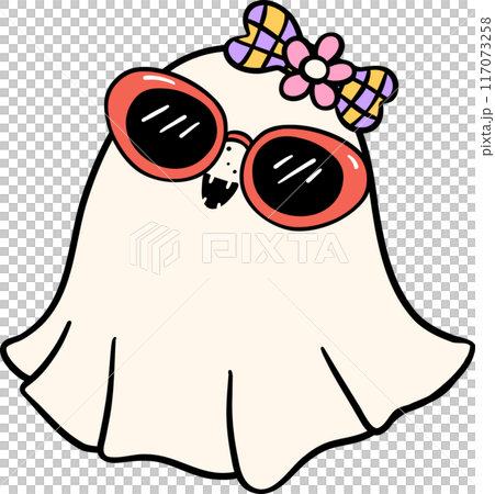 Groovy Retro Halloween Ghost Cartoon Character Doodle Hand Drawing  Vibrant Bold Funky Art 117073258