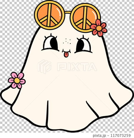 Groovy Retro Halloween Ghost Cartoon Character Doodle Hand Drawing  Vibrant Bold Funky Art 117073259