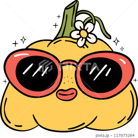 Groovy Retro Halloween pumpkin Cartoon Character Doodle Hand Drawing  Vibrant Bold Funky Art 117073264